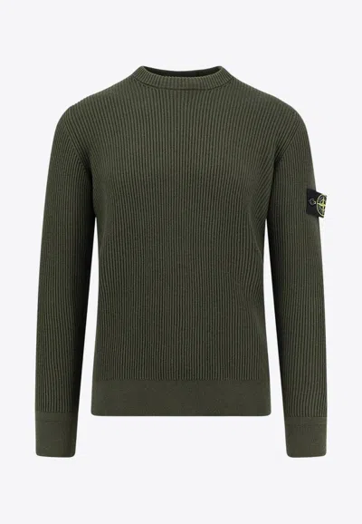 Stone Island Logo Patch Ribbed Sweater In Green