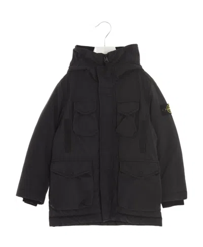 Stone Island Logo-patch Sleeve Hooded Coat In Gray