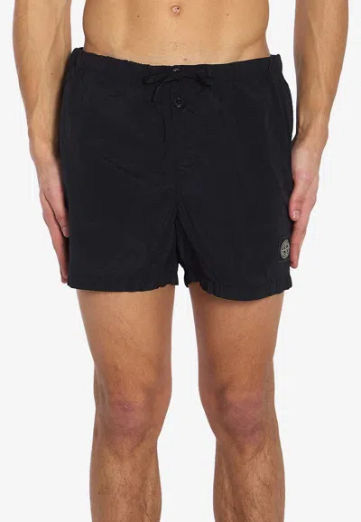 Stone Island Logo Patch Slim Swim Shorts In Black