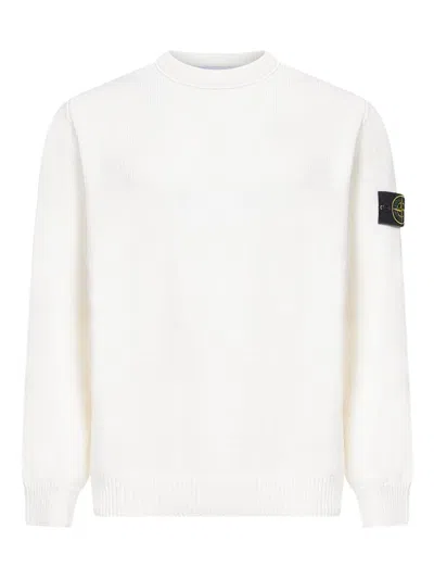 Stone Island Classic White Sweater With Timeless Round Neckline In Brown