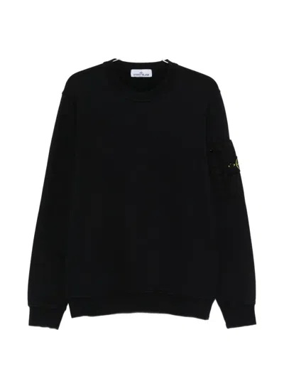 Stone Island Elasticated Ribbed Crew Neck Sweatshirt With Left Sleeve Ripstop Pocket In Black