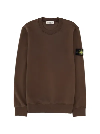 Stone Island Crew Neck Long Sleeve Sweatshirt Ribbed Cuffs Hem In Brown