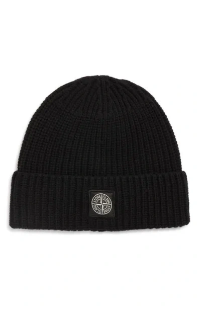 Stone Island Light Wool Knitted Beanie With Compass Patch Accessories In Black
