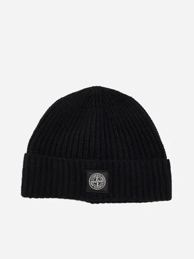 Stone Island Logo-patch Wool Beanie In Black