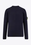 Stone Island Crew-neck Wool Blend Sweater With Logo Patch In Blue