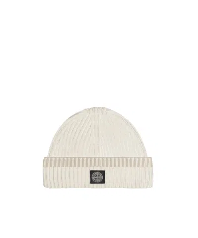 Stone Island Logo Patch Wool Hat In White