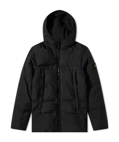 Stone Island Logo-patch Zip-up Hooded Coat In Black