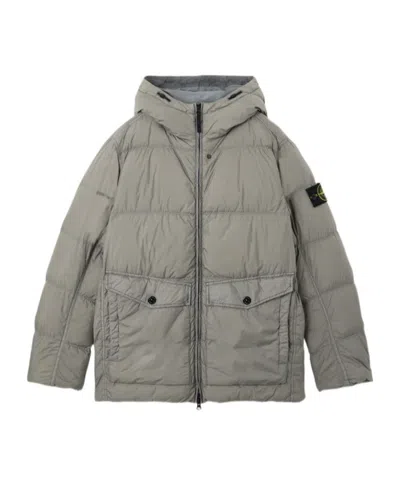 Stone Island Logo Patch Zip-up Hooded Jacket In Gray