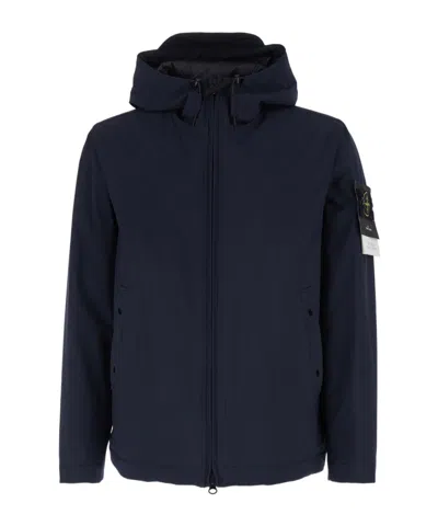 Stone Island Logo Patch Zip-up Hooded Jacket In Blue