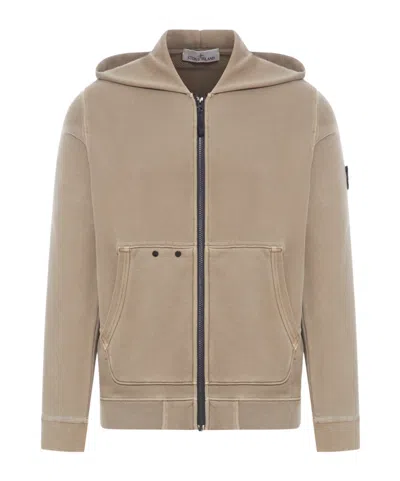 Stone Island Logo-patch Zip-up Hoodie In Nude