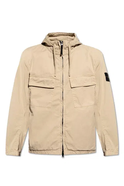 Stone Island Logo Patch Zip-up Jacket In Sand