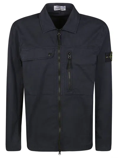 Stone Island Logo Patch Zip Up Overshirt In Blue
