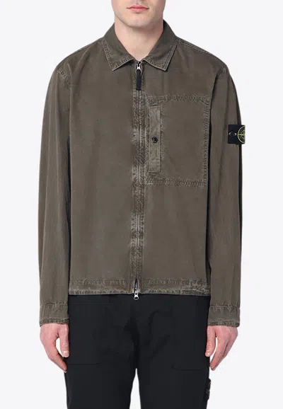 Stone Island Logo Patch Zip-up Shirt In Green