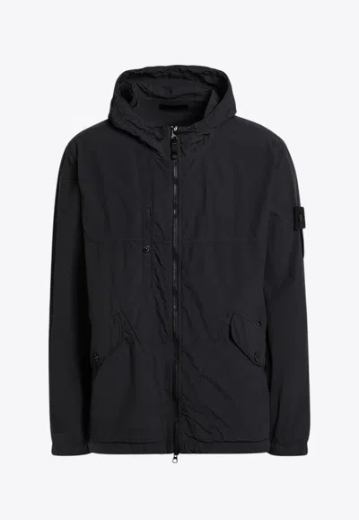 Stone Island Logo Patch Zip-up Windbreaker Jacket In Black