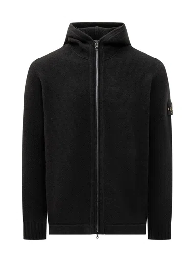 Stone Island Logo Patch Zipped Hooded Cardigan In Black
