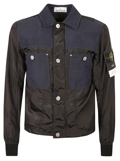 Stone Island Logo Patched Utility Jacket In Navy Blue