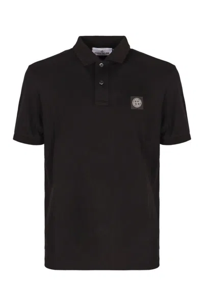 Stone Island Logo Print Cotton Polo Shirt In Black