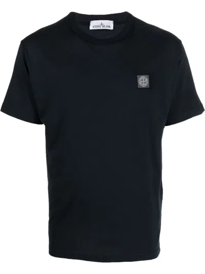 Stone Island Black Short-sleeved T-shirt With Logo Patch On The Chest In Cotton Man In Multicolor