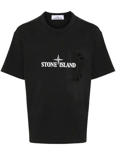 Stone Island Logo And Chest Pocket Cotton T-shirt In Nero