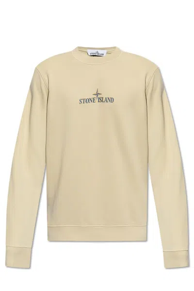 Stone Island Logo Printed Crewneck Sweatshirt In Beige