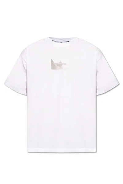 Stone Island Logo Printed Crewneck T-shirt In Bianco