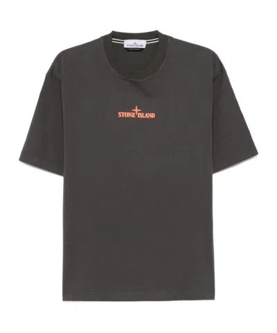 Stone Island Logo Printed Crewneck T-shirt In Charcoal-grey