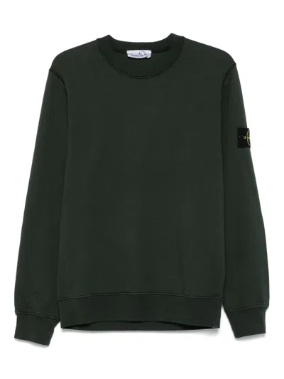 Stone Island Dark Green Crewneck Sweater With Ribbed Detailing And Iconic Logo In Gray