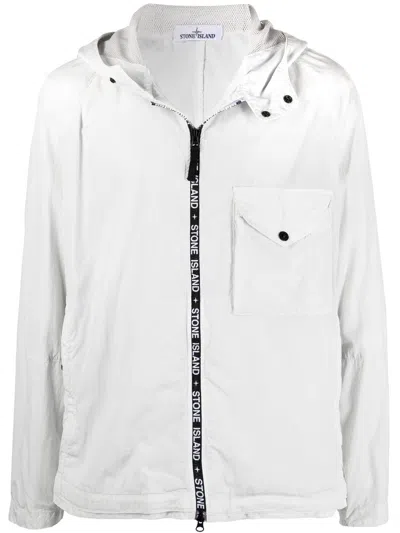 Stone Island Logo-trim Zip-front Hooded Jacket In Grey