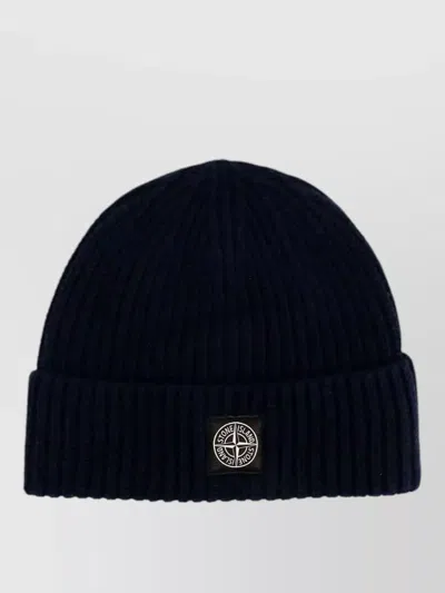 Stone Island Logo Virgin Wool Beanie Ribbed Cuff In Blue