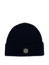 Stone Island Beanie With Compass Patch And Ribbed Cuff In Blue