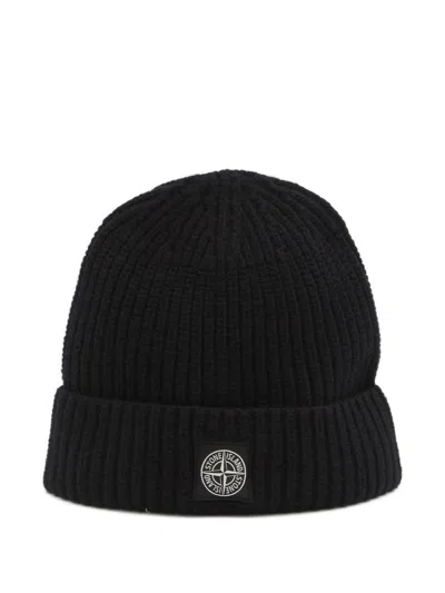 Stone Island Logo Wool Beanie In Black