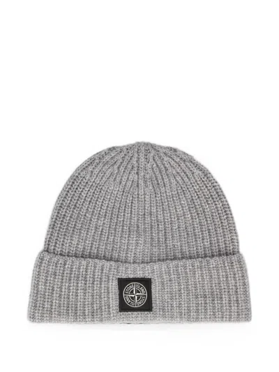 Stone Island Logo Wool Beanie In Gray