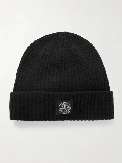 Stone Island Geelong Wool Ribbed Beanie With Turn-up Cuff In Black