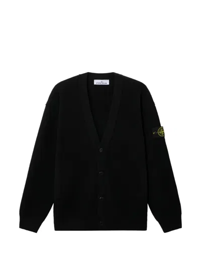 Stone Island V-neck Cotton Cardigan With Distinctive Logo Patch In Black
