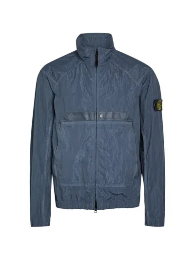 Stone Island Logo-patch Crinkled-finish Jacket In Blue