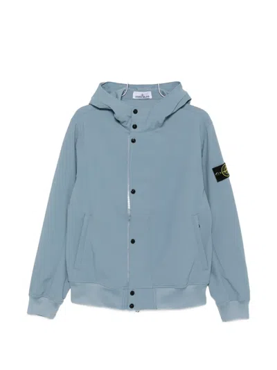 Stone Island Hooded Nylon Jacket Long Sleeves Ribbed In Blue