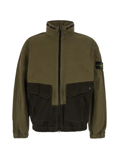 Stone Island Cotton Zip-front Utility Jacket With Foldaway Hood And Patch Pockets In Multi