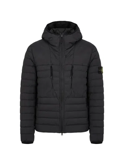 Stone Island Quilted Nylon Puffer Jacket With Hood And Down Padding In Black