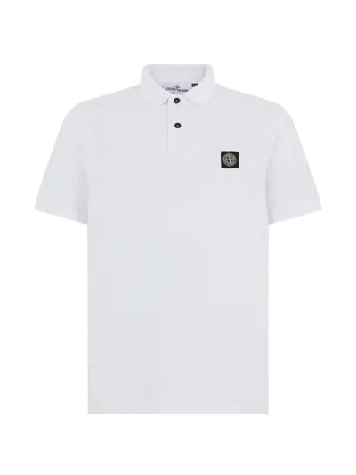 Stone Island Ribbed Collar Polo Shirt With Two-button Placket And Compass Patch In Bianco