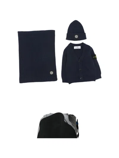 Stone Island Babies' Logo-patch Ribbed-knit Cardigan Set In Blue