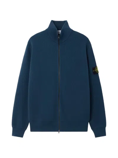 Stone Island Logo-patch Ribbed-knit Zip-fastening Cardigan In Blue