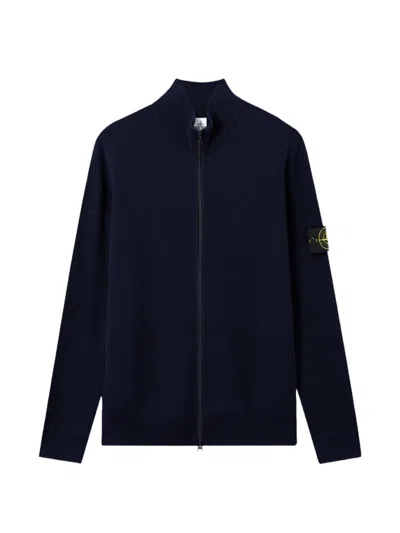 Stone Island Logo-patch Ribbed-knit Zip-front Cardigan In Navyblue