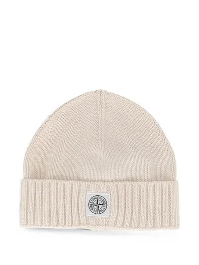 Stone Island Kids' Logo-patch Ribbed-trim Beanie Hat In Neutrals