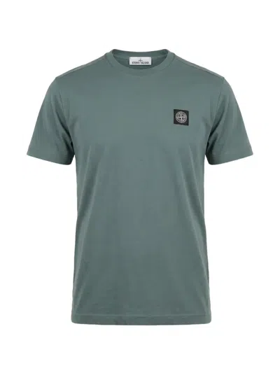 Stone Island Compass Patch Mini Cotton T-shirt With Chain Stitch Finish In Green