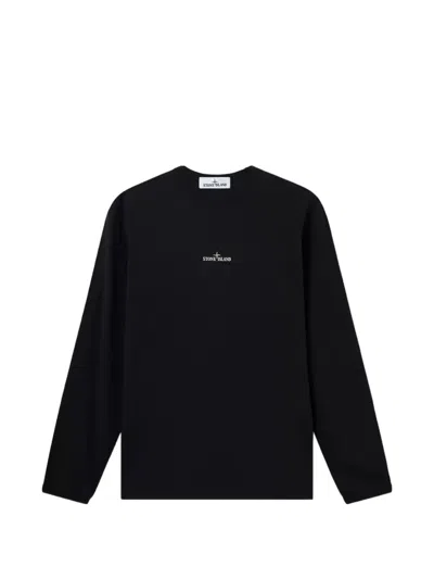 Stone Island -inspired Cotton Crewneck Sweatshirt With Chest Logo And Back Print In Black