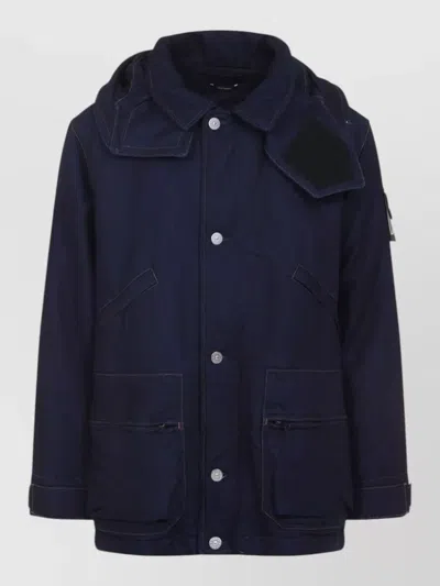 Stone Island Long Cotton Denim Hooded Parka Coat In Blue
