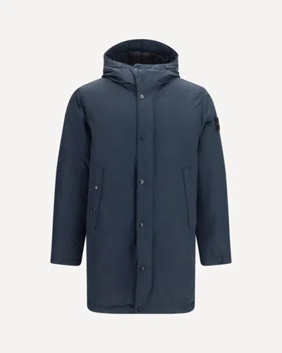 Stone Island Long Down Jacket In Blue