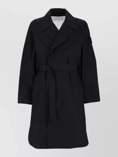 Stone Island Long Jacket Belted Waist Notch Lapel In Black