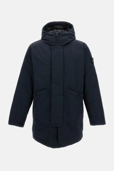 Stone Island Black Hooded Coat With Relaxed Silhouette In Blue