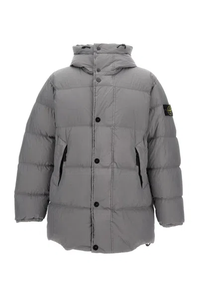 Stone Island Long Puffer Jacket With Hood In Gray